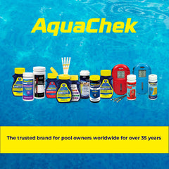 AquaChek strip being dipped in pool water to deliver quick test results