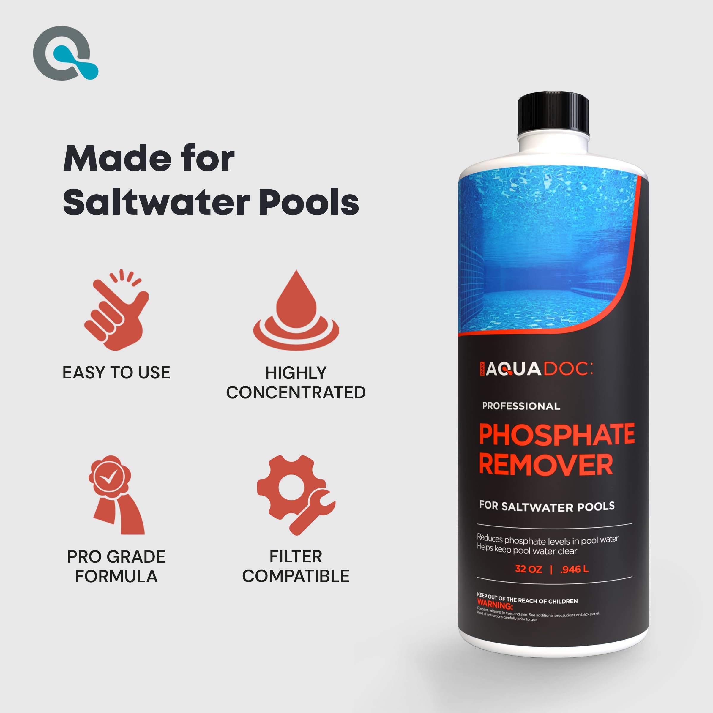 AquaDoc product pictured near pool filter showing improved filtration and clearer water