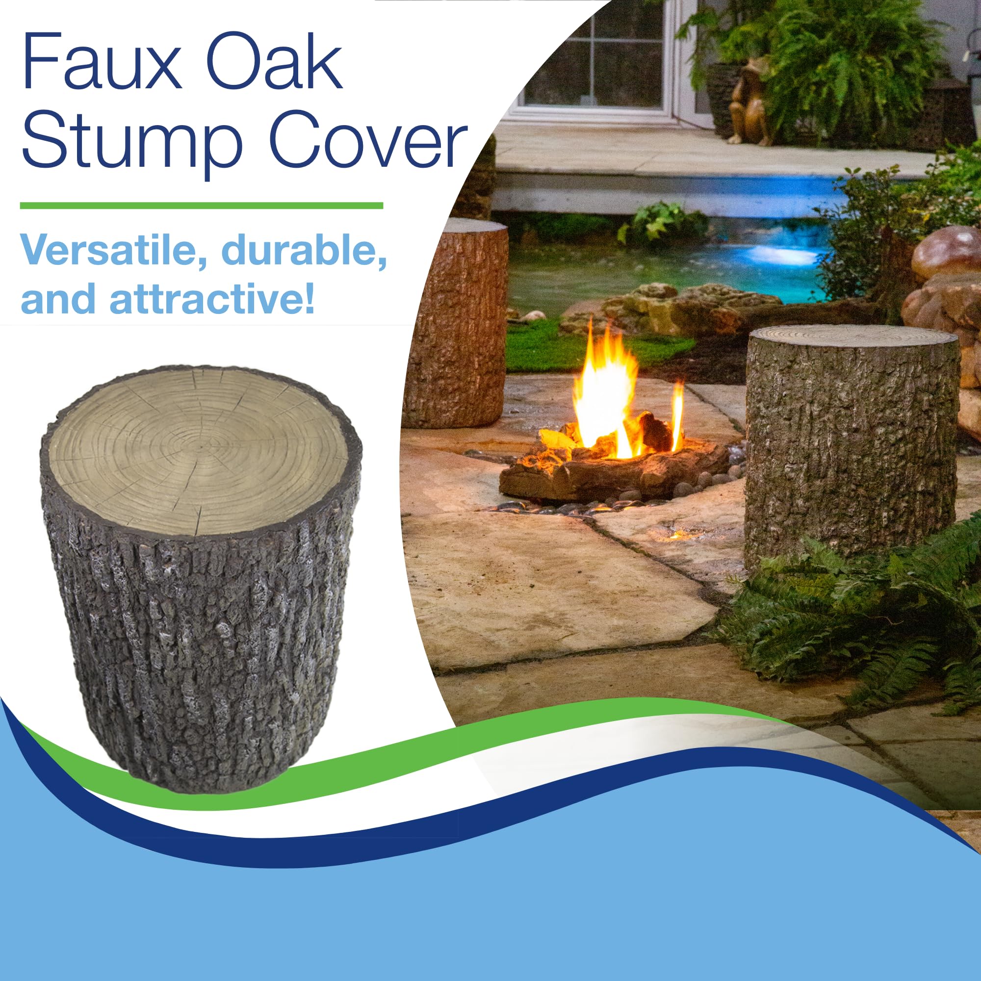 Aquascape stump placed in garden showing how it hides fixtures and enhances outdoor aesthetics