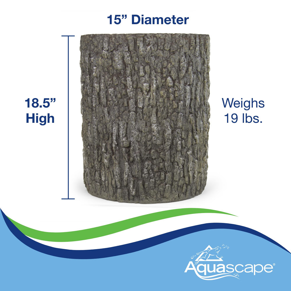 Aquascape stump next to common objects illustrating 18.5-inch height and 15-inch diameter
