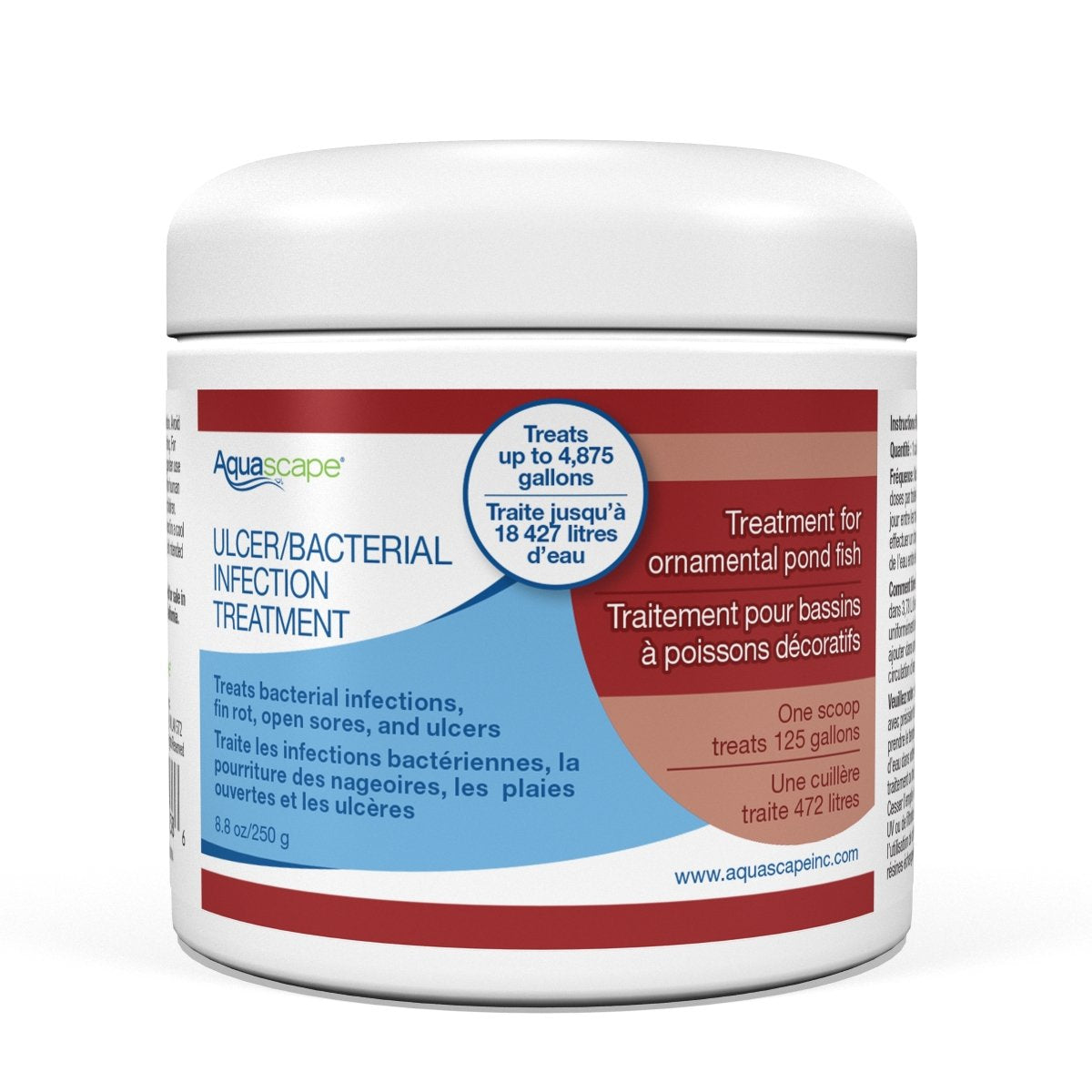 Aquascape product tub front showing label and scoop, clear dosing benefit