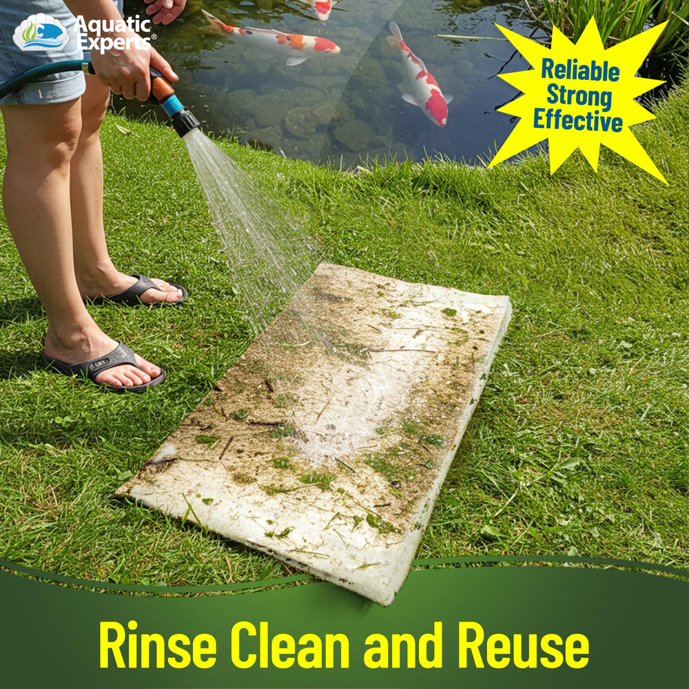 Aquatic Experts rinsing filter pad with hose for quick reusable maintenance