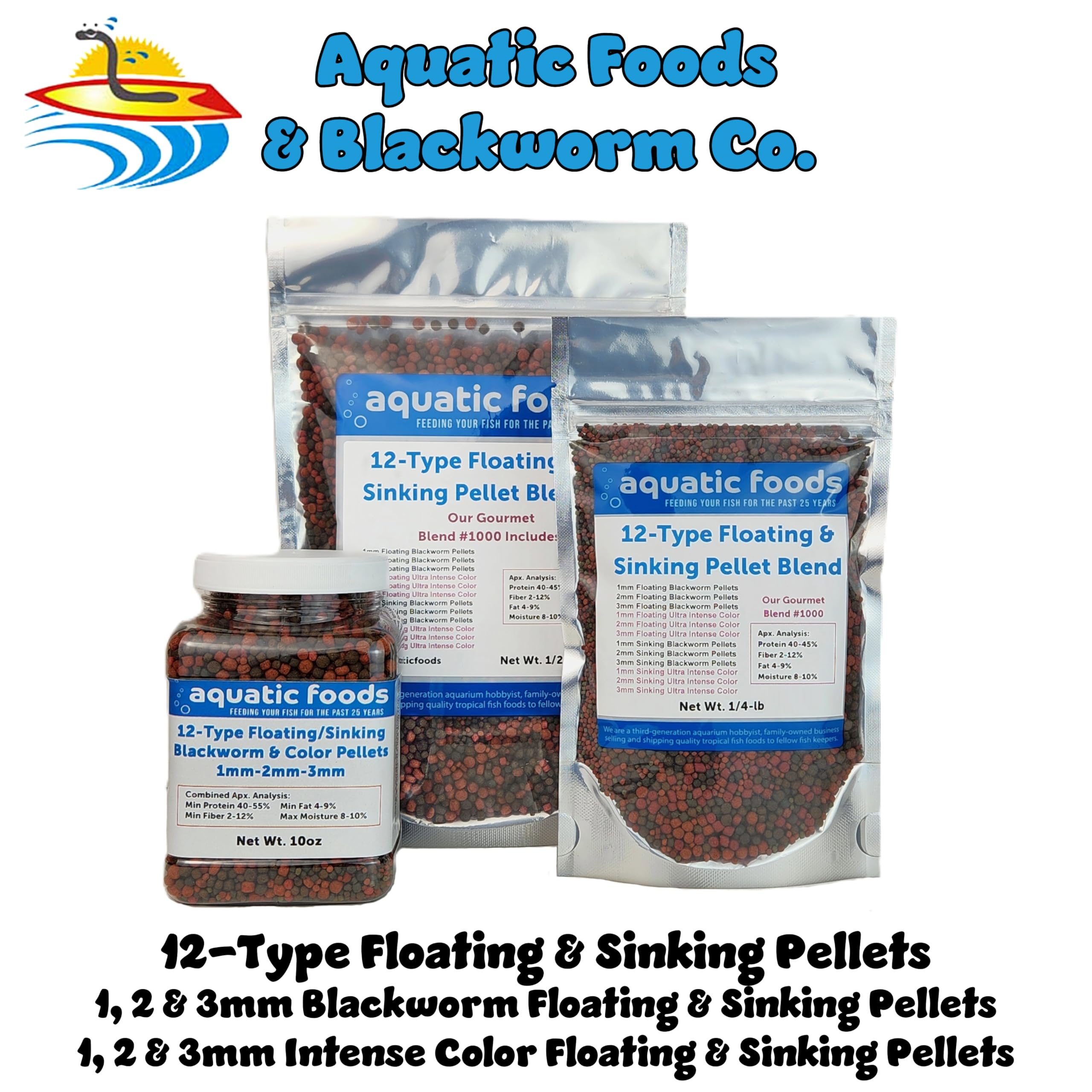 Aquatic Foods Inc. close view of 1mm 2mm 3mm pellet sizes for mixed feeders