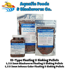 Aquatic Foods Inc. close view of 1mm 2mm 3mm pellet sizes for mixed feeders
