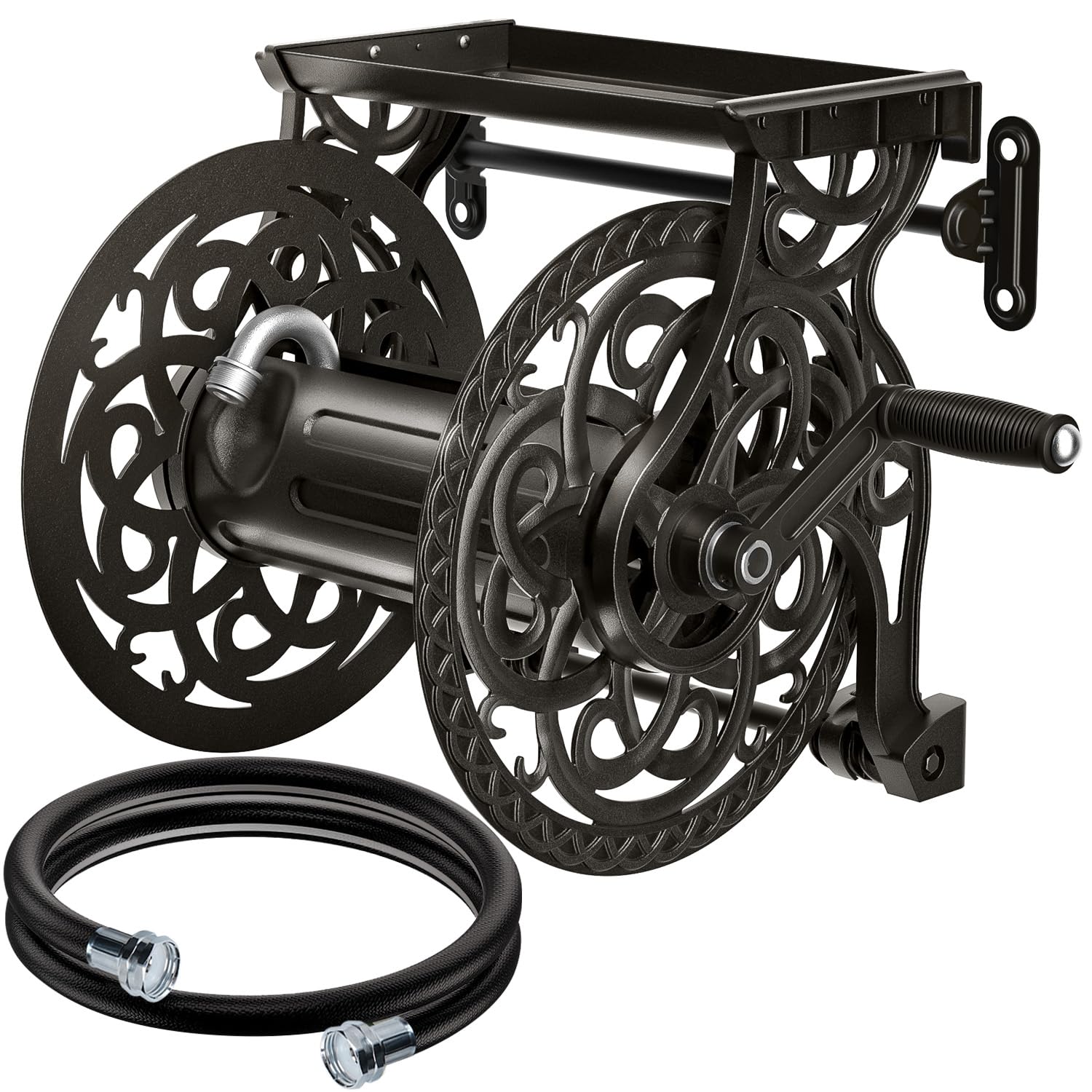 AQUAZILLA front view hose reel showing compact wall-mounted storage and space saving benefit