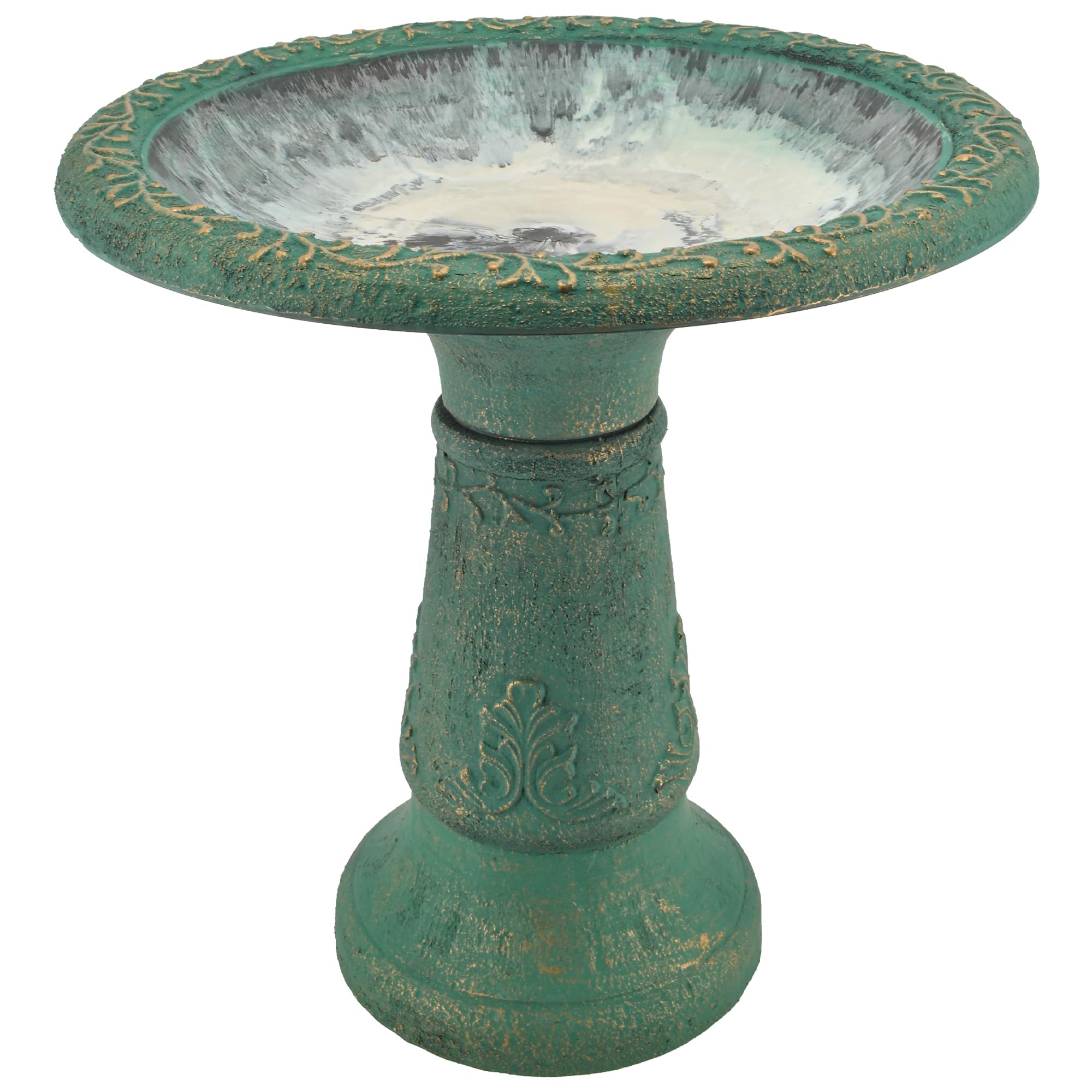 arcadia fiberclay front view showing antique green finish and decorative basin, enhances garden decor