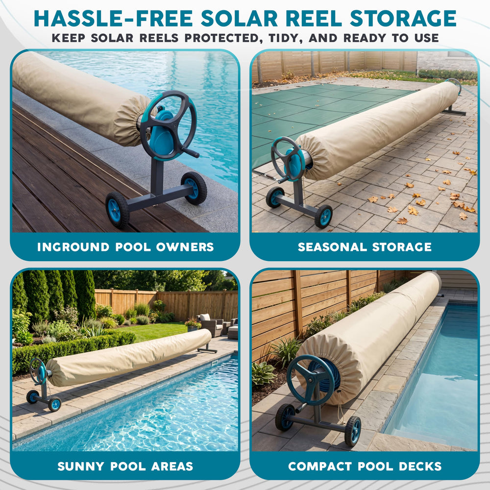 ARDILA VEELA covered rolled solar blanket beside pool showing size scale