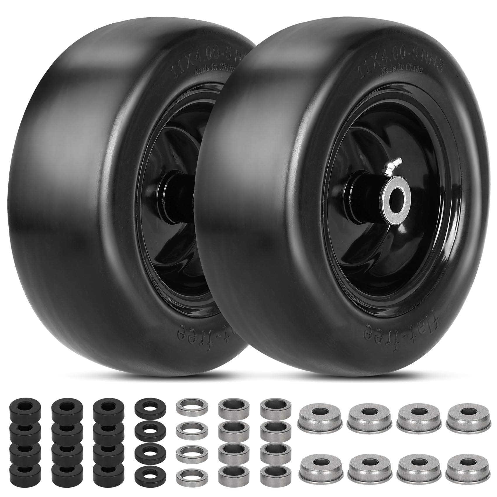 Aremae front view of two 11x4.00-5" tires showing ready-to-install hubs and benefits