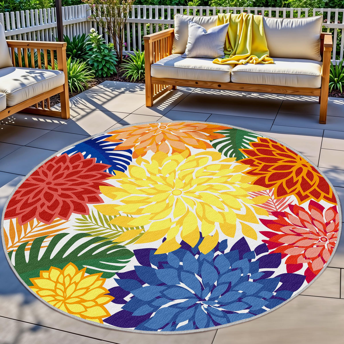 Arenarug front view of colorful floral patio rug showing vibrant pattern and curb appeal