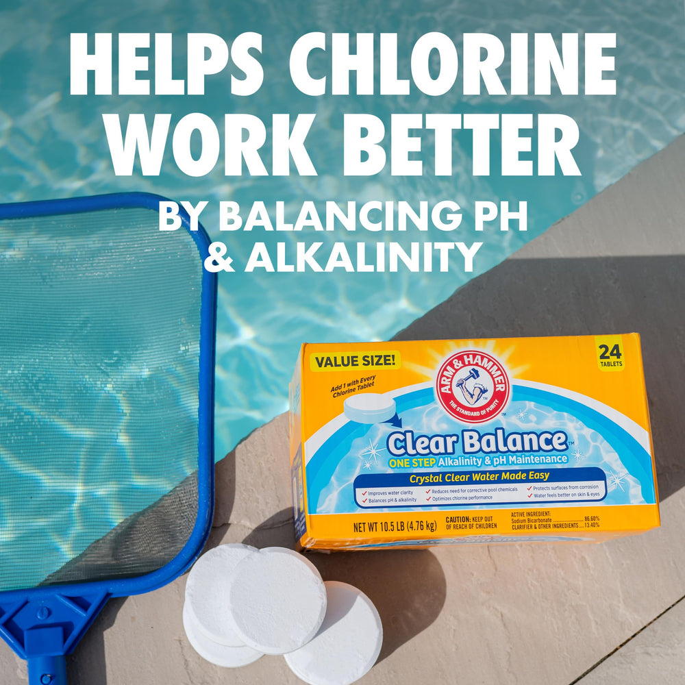 ARM & HAMMER tablets beside chlorine tablets showing complementary use