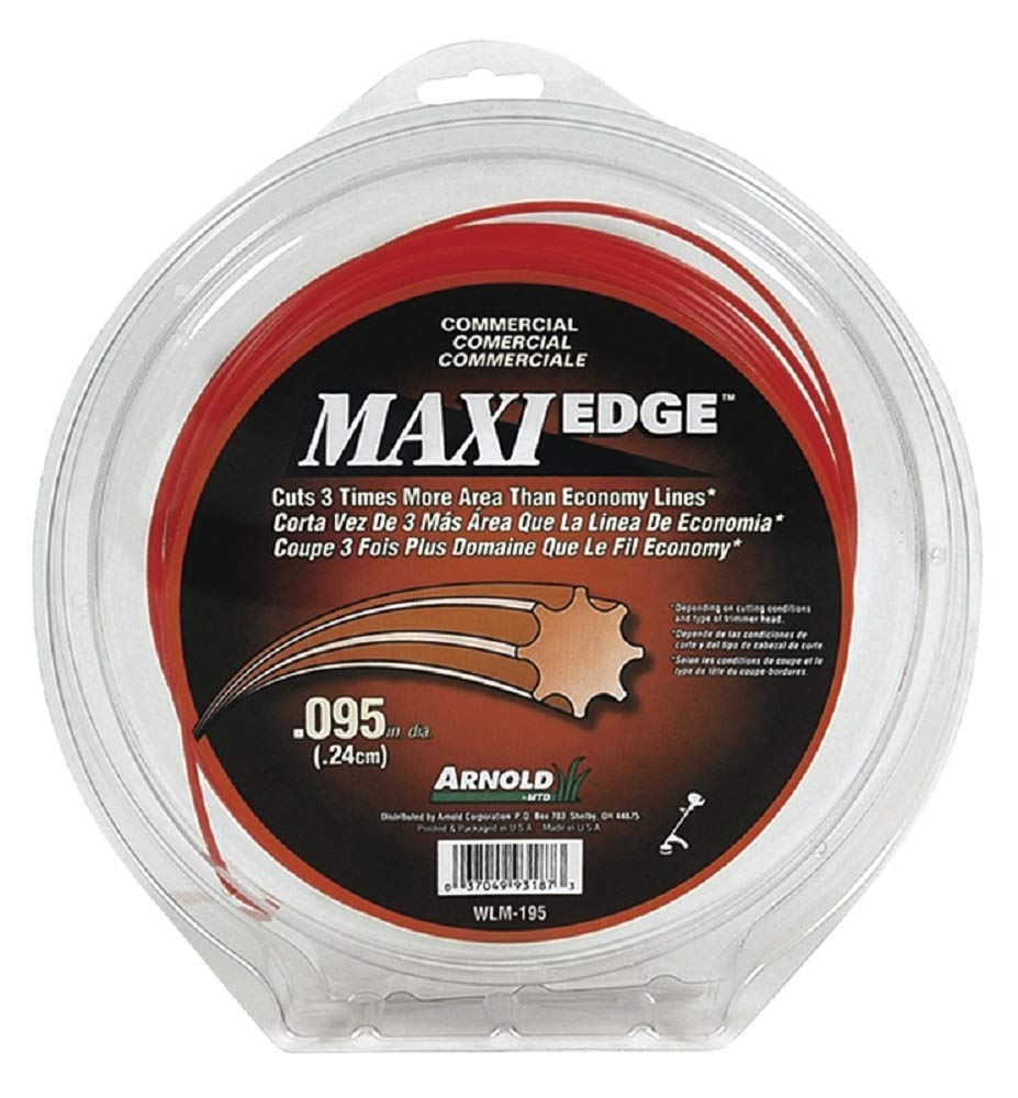 Arnold Maxi-Edge front packaging showing 200-foot commercial trimmer line and refill benefits