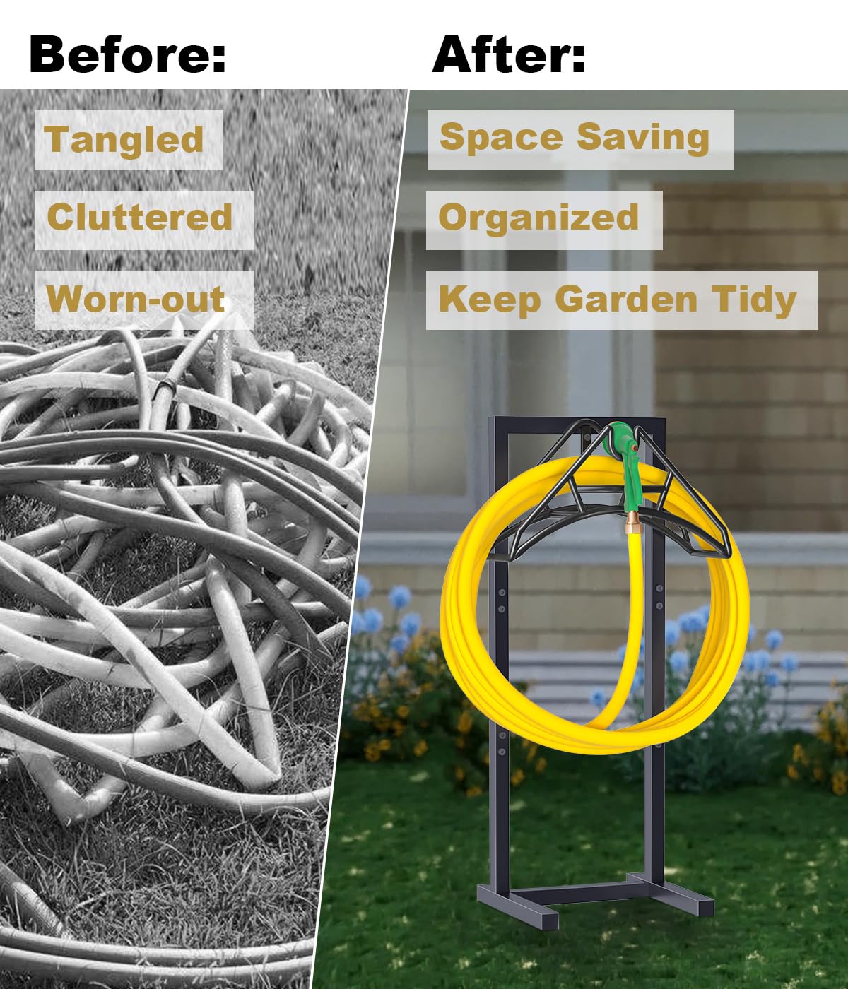 Artigarden hose rack in garden setting illustrating organized outdoor convenience