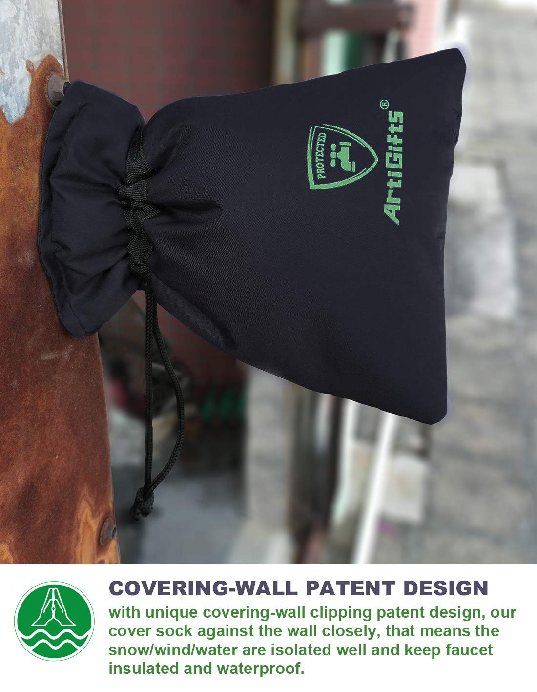 ArtiGifts cover installed on outdoor faucet providing freeze protection