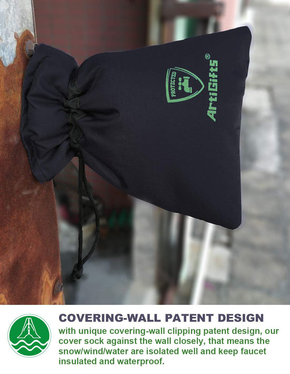 ArtiGifts cover installed on outdoor faucet providing freeze protection