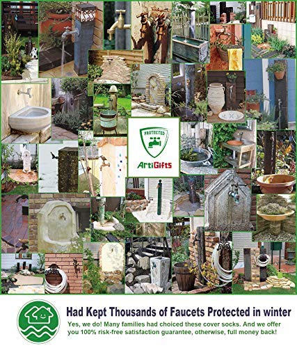 ArtiGifts faucet cover in winter garden demonstrating outdoor durability