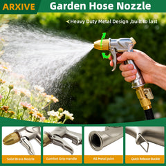 Arxive nozzle handle lock detail demonstrating hands-free continuous watering benefit