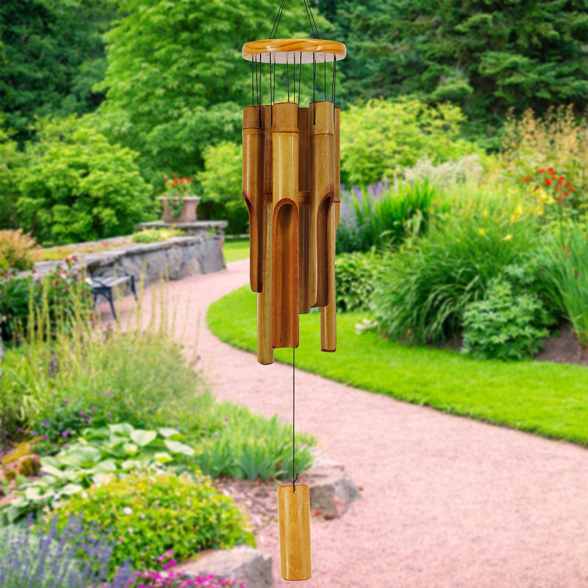 ASTARIN front view of bamboo wind chimes showing rustic finish and calm benefit