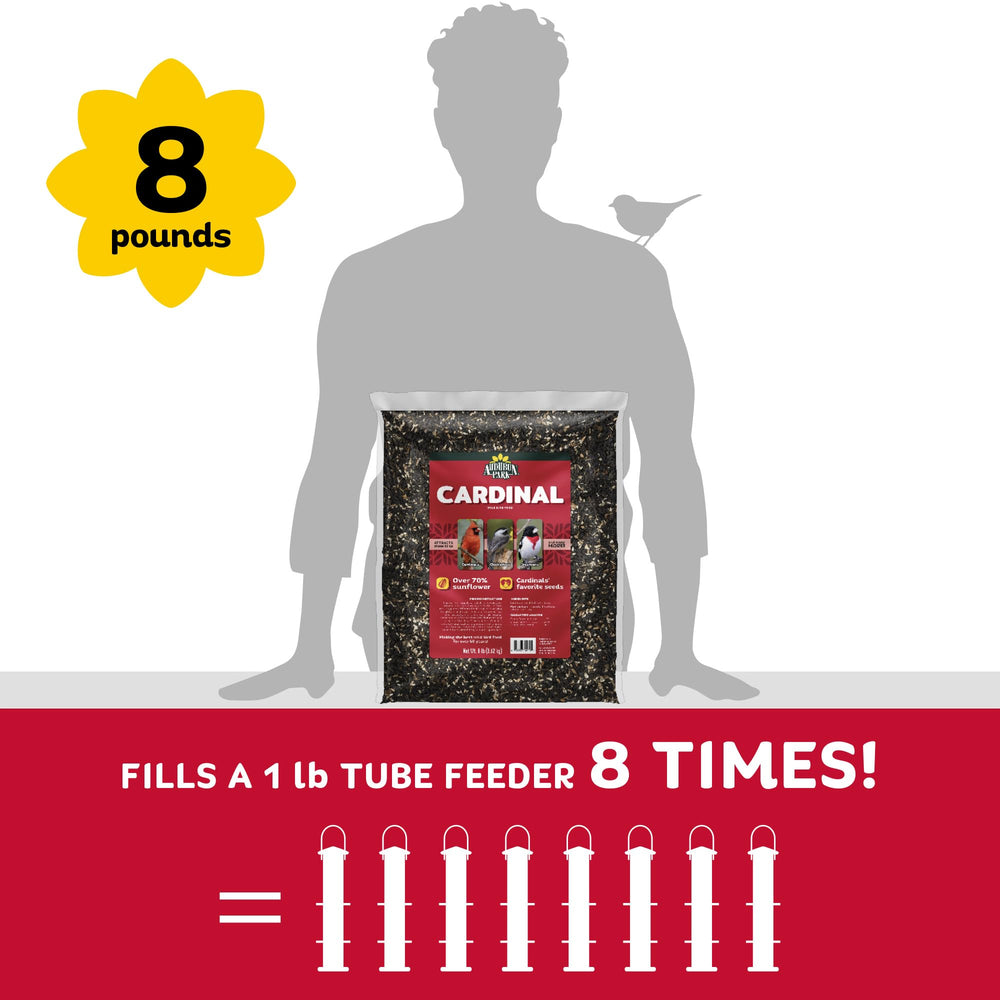 Audubon Park seeds with cardinals feeding illustrating attraction
