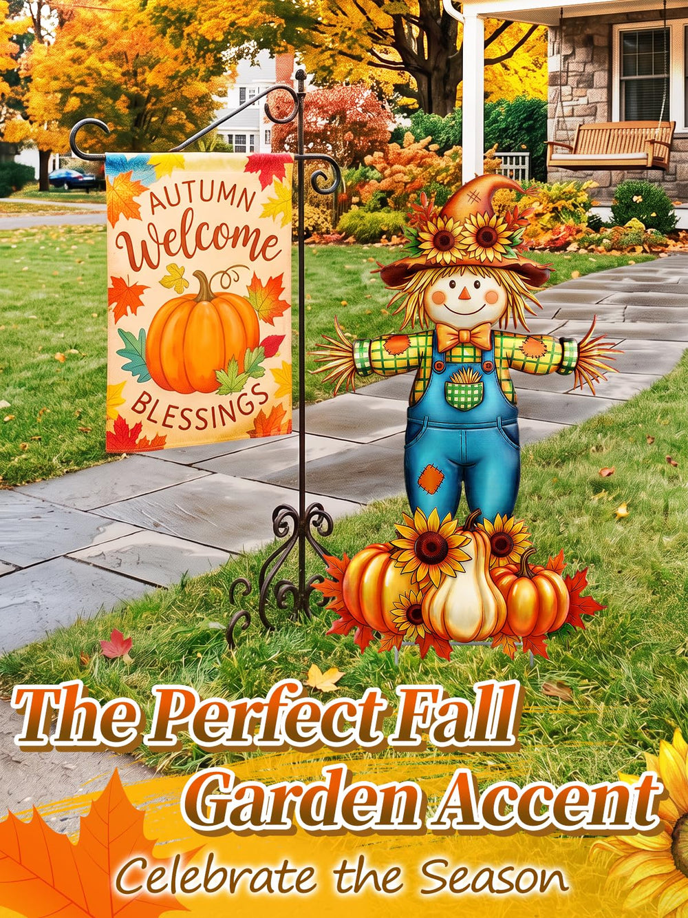 Aulock scarecrow beside planter showing height and scale for yard placement