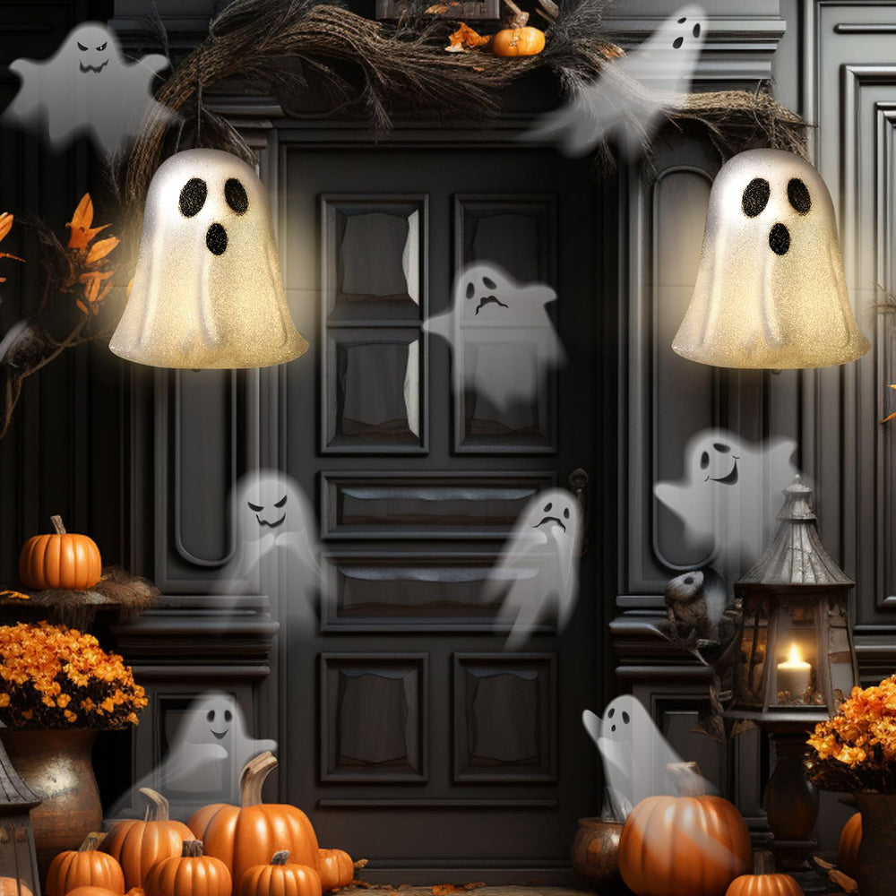 Aurelema ghost porch light packaging pair showing two covers and easy-storage benefit