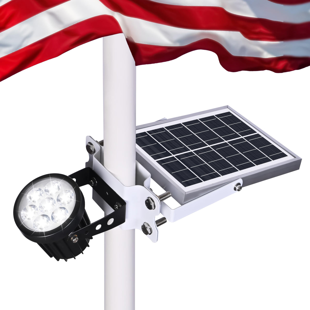 Aurolit front view of solar flag pole light showing bright output and clear beam
