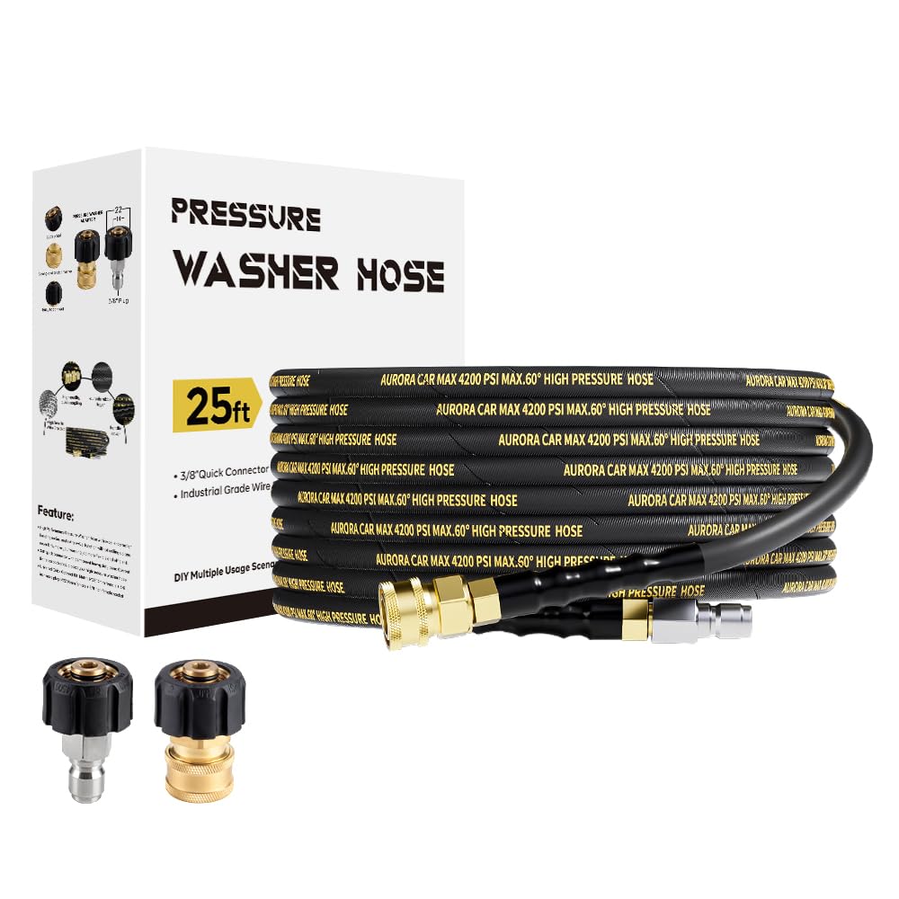 AURORA CAR front view of 25ft steel-braided hose showing durable construction and clear labeling
