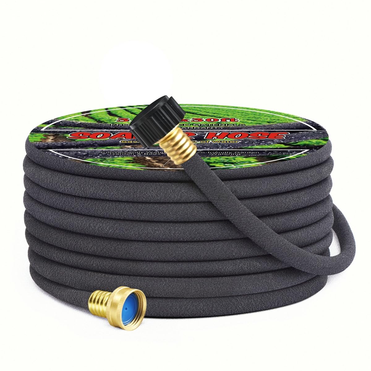 Aurssa front view of 50ft soaker hose package showing product benefits