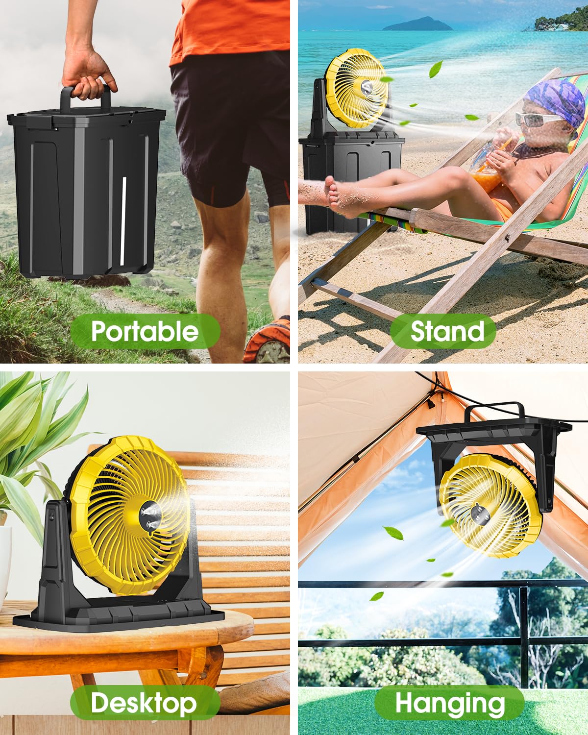 Ausic hanging on camping tent pole illustrating portable hands-free cooling
