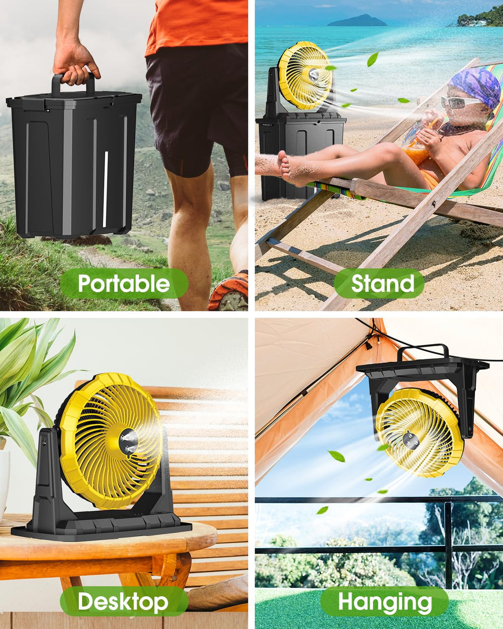 Ausic hanging on camping tent pole illustrating portable hands-free cooling