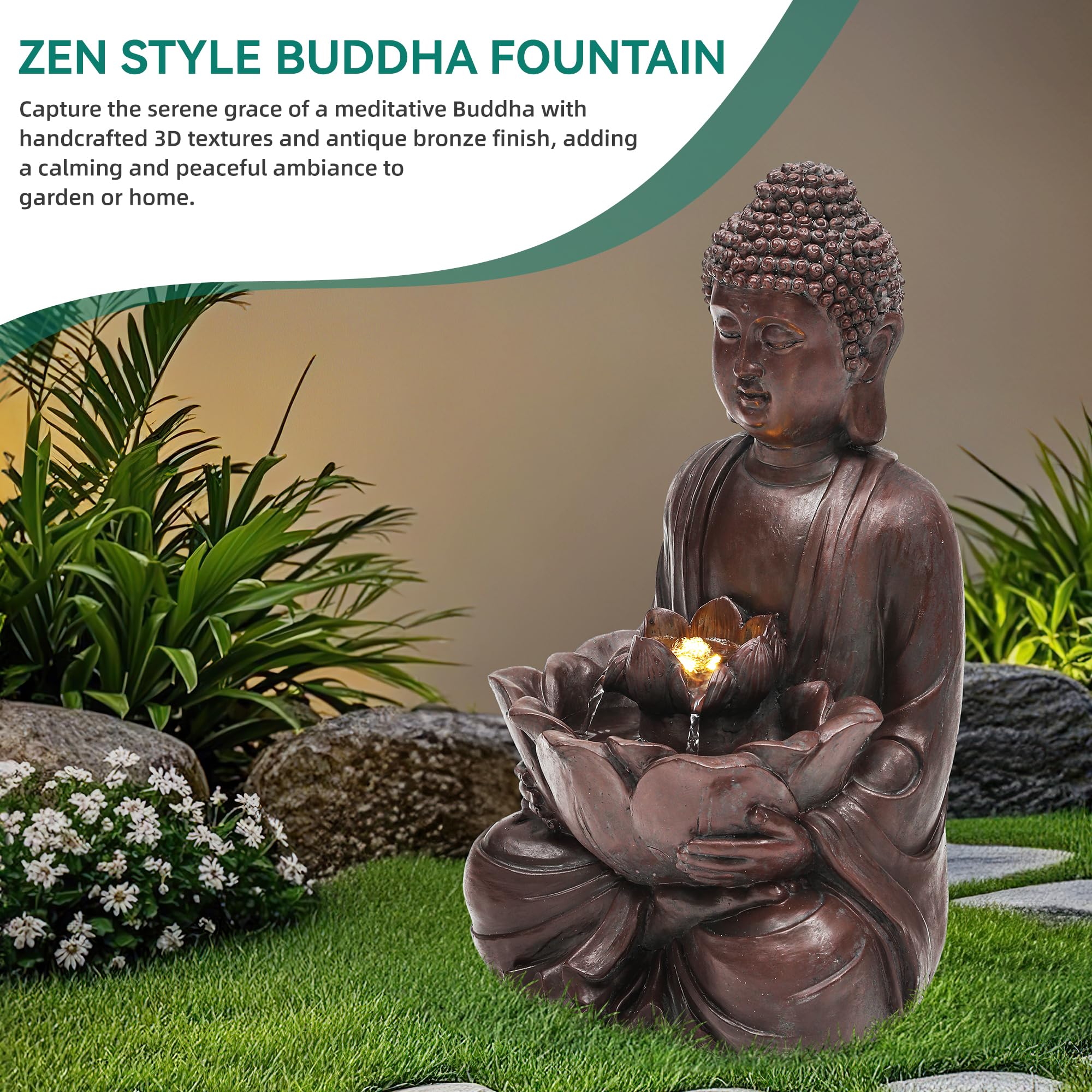 AUTODAYA fountain lit by warm LEDs enhancing evening ambiance