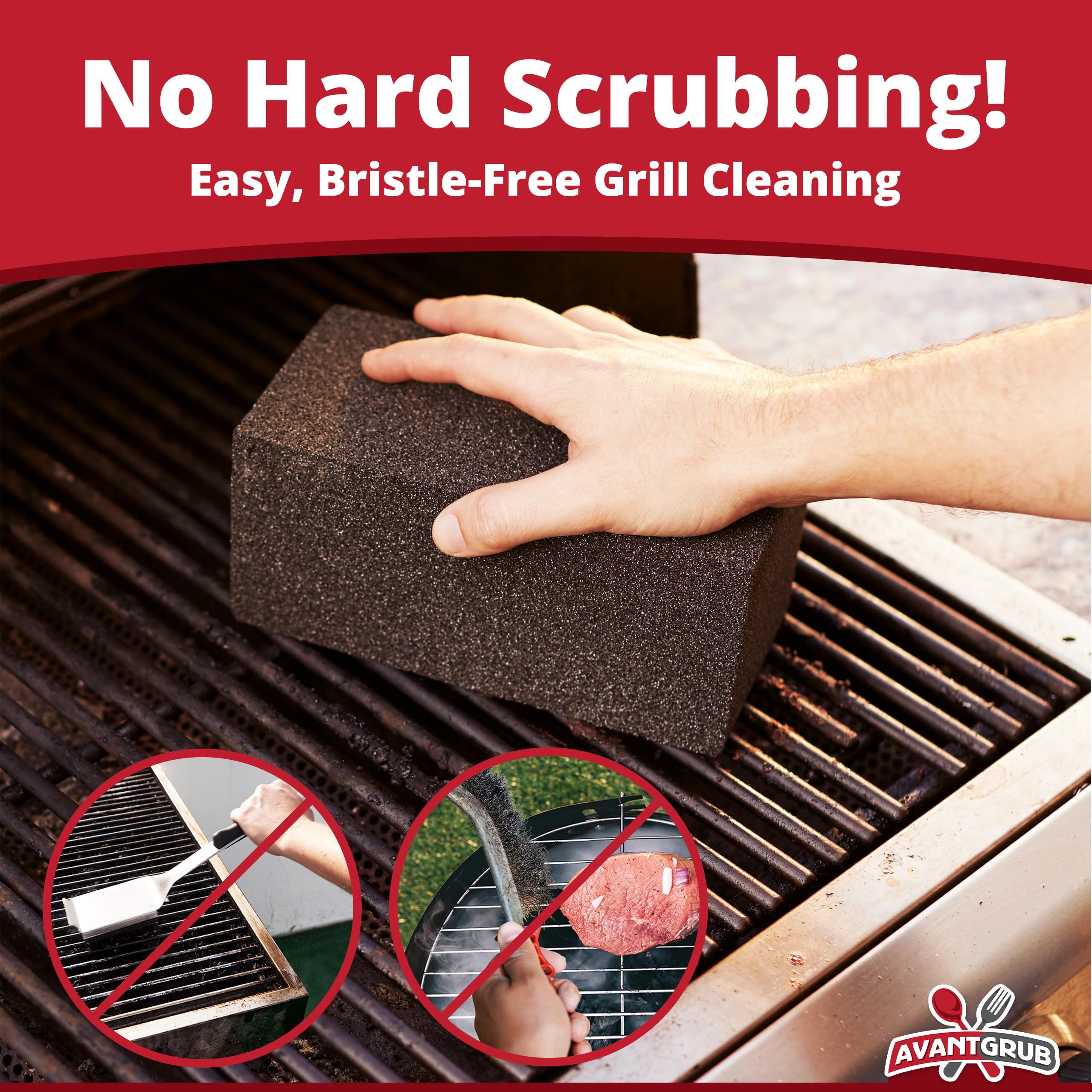 Avant Grub brick scraping griddle showing fast residue removal benefit