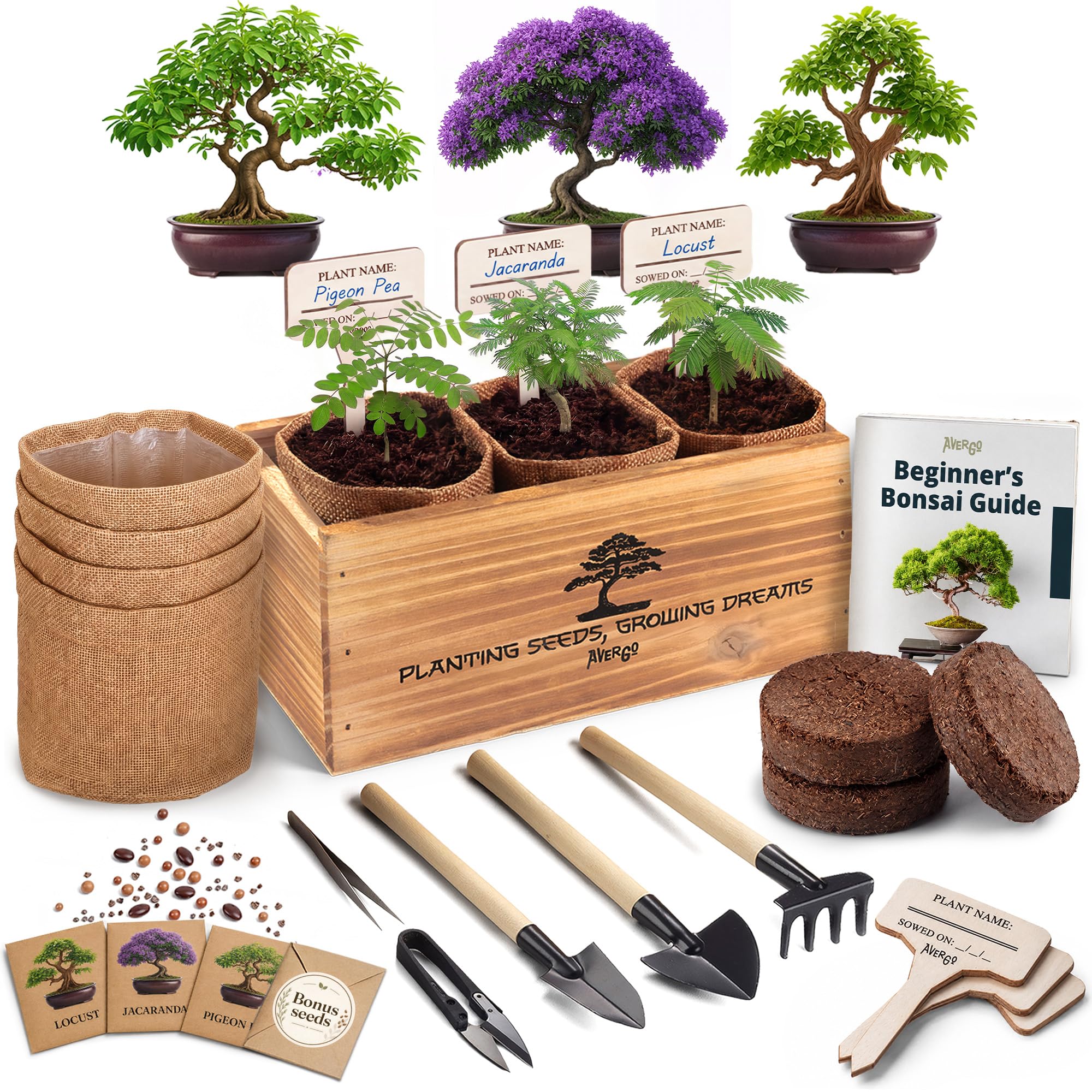 AVERGO front packaging showing complete bonsai starter kit and benefits