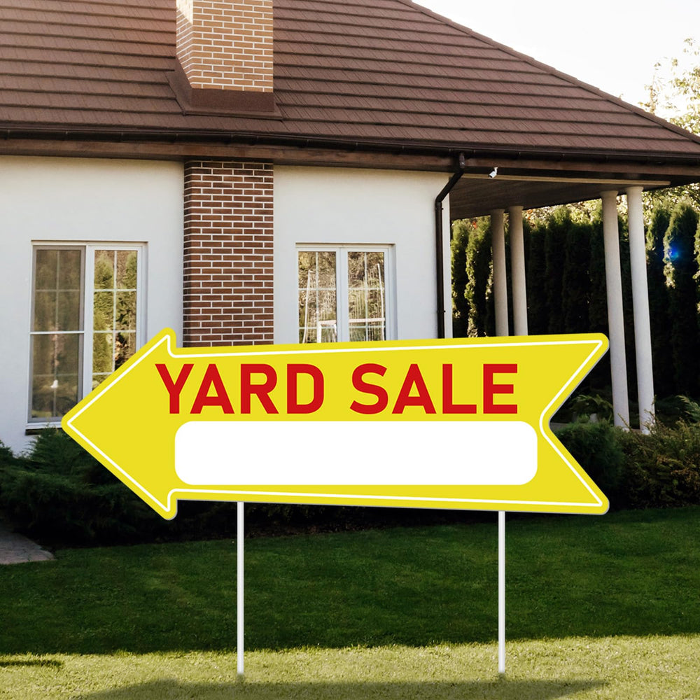 Ayifan yard sale scene with signs attracting shoppers to a weekend sale