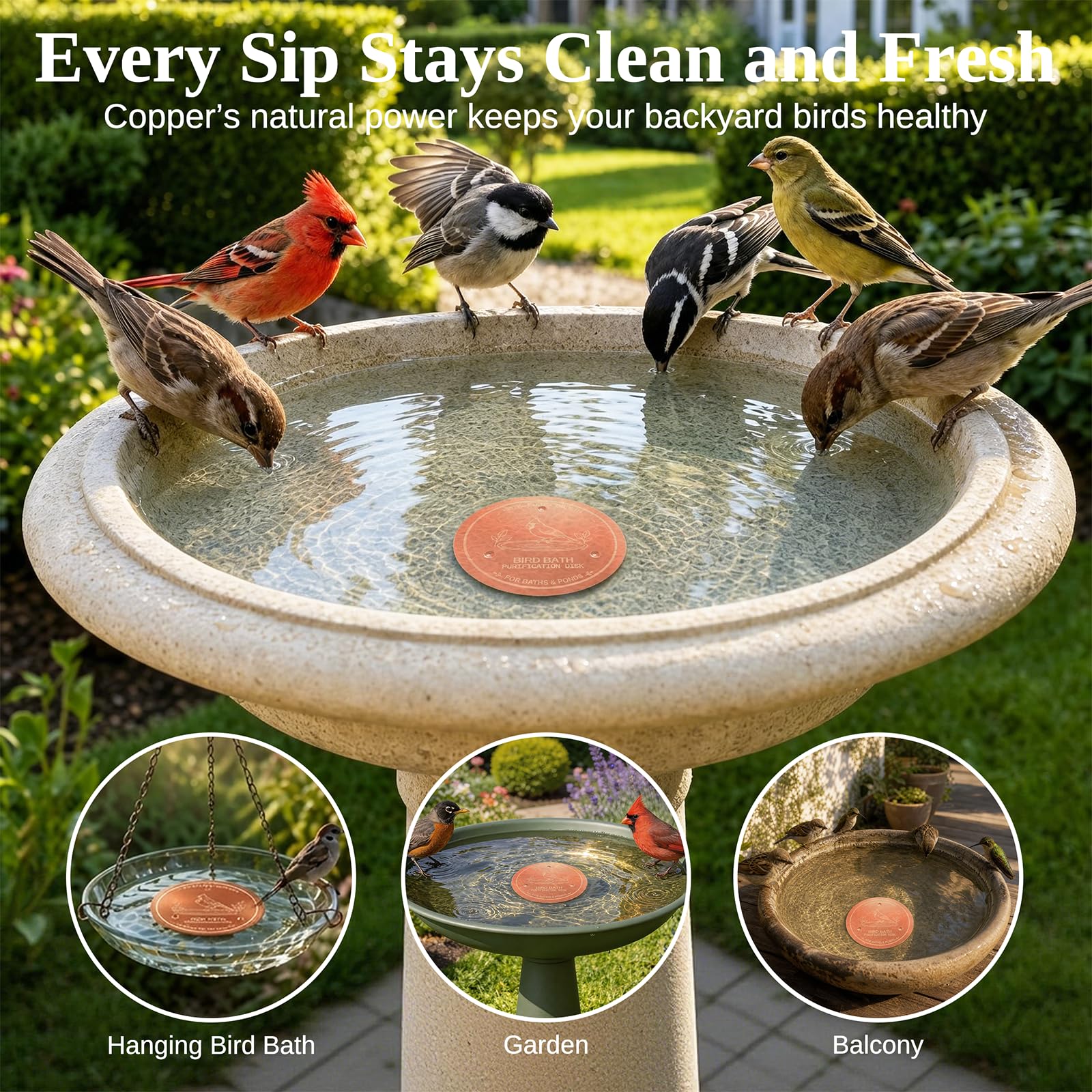 Azomabox copper disc seated in stone bird bath demonstrating universal compatibility benefit