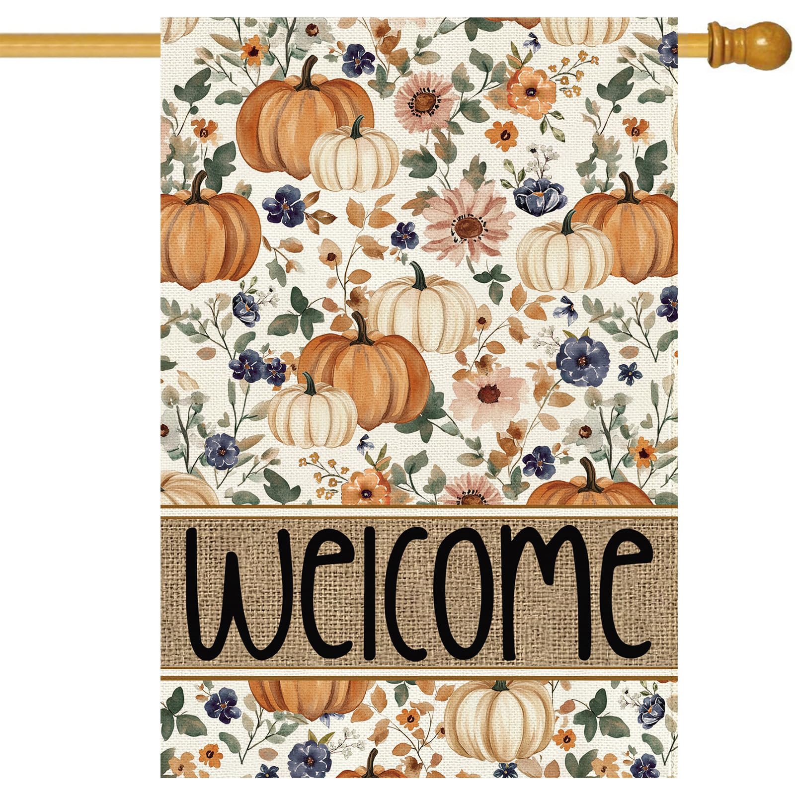 Baccessor front view of pumpkin floral flag showing full artwork and curb appeal