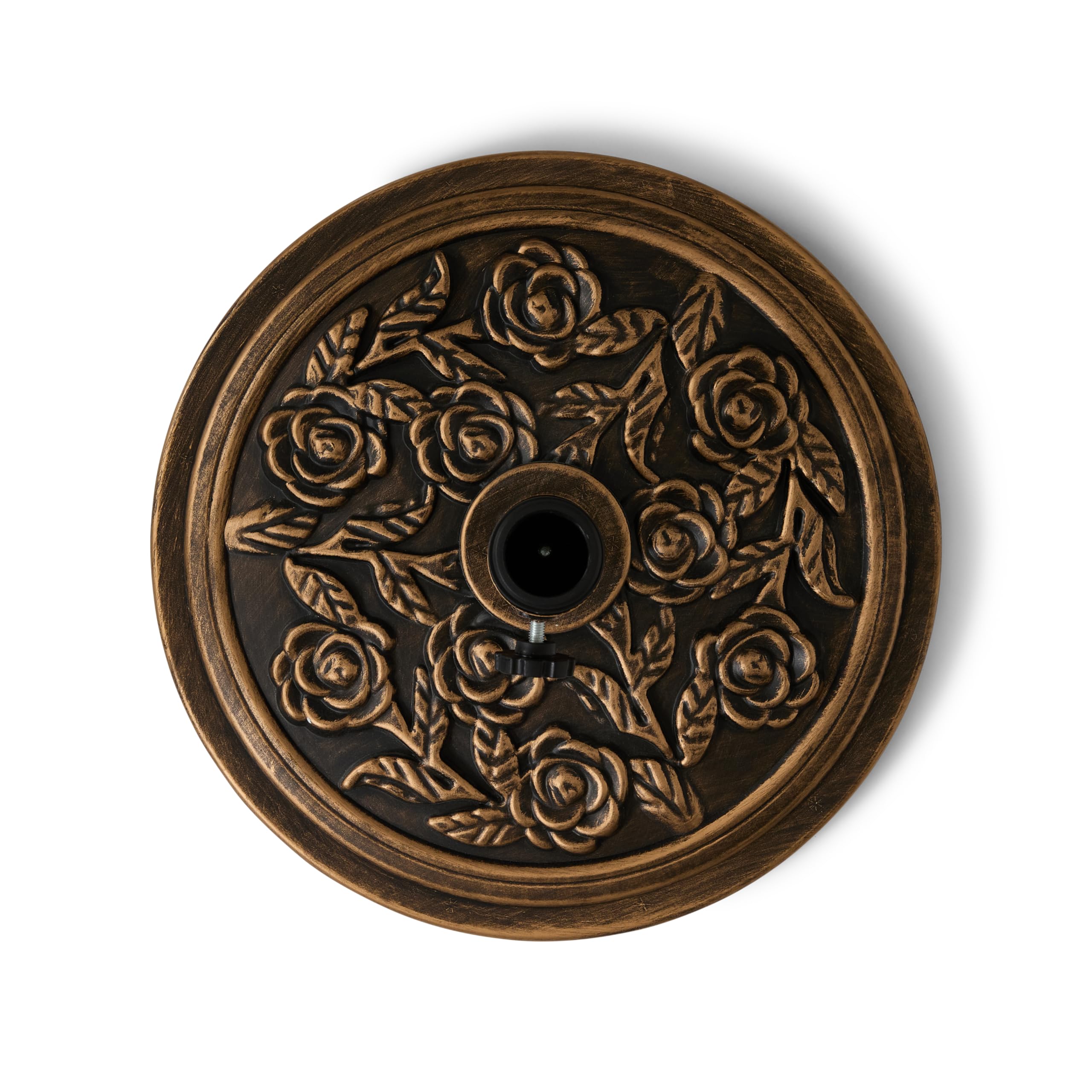 Backyard Expressions close-up of rose medallion highlighting decorative detail and durable resin