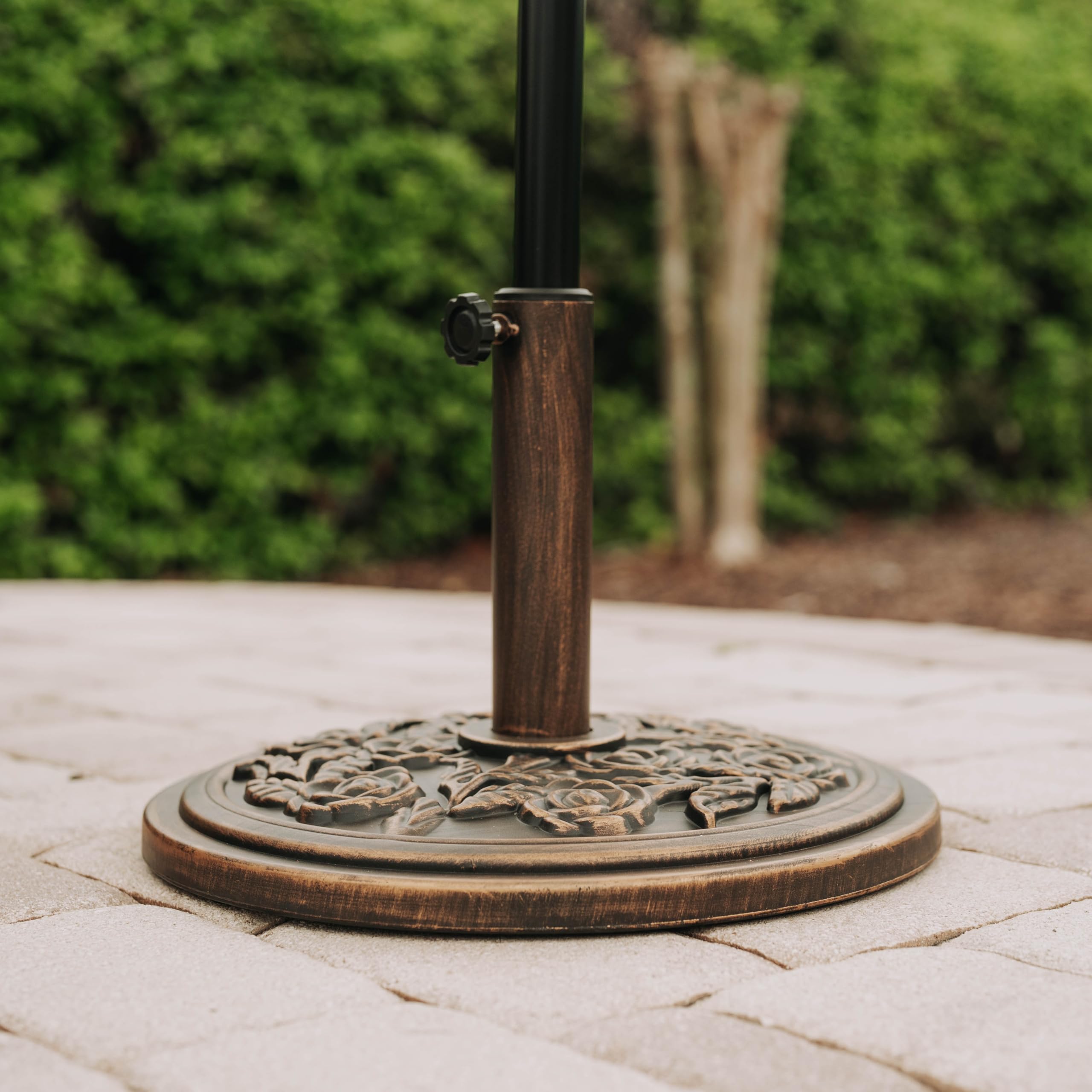 Backyard Expressions in use under patio umbrella on table demonstrating secure support