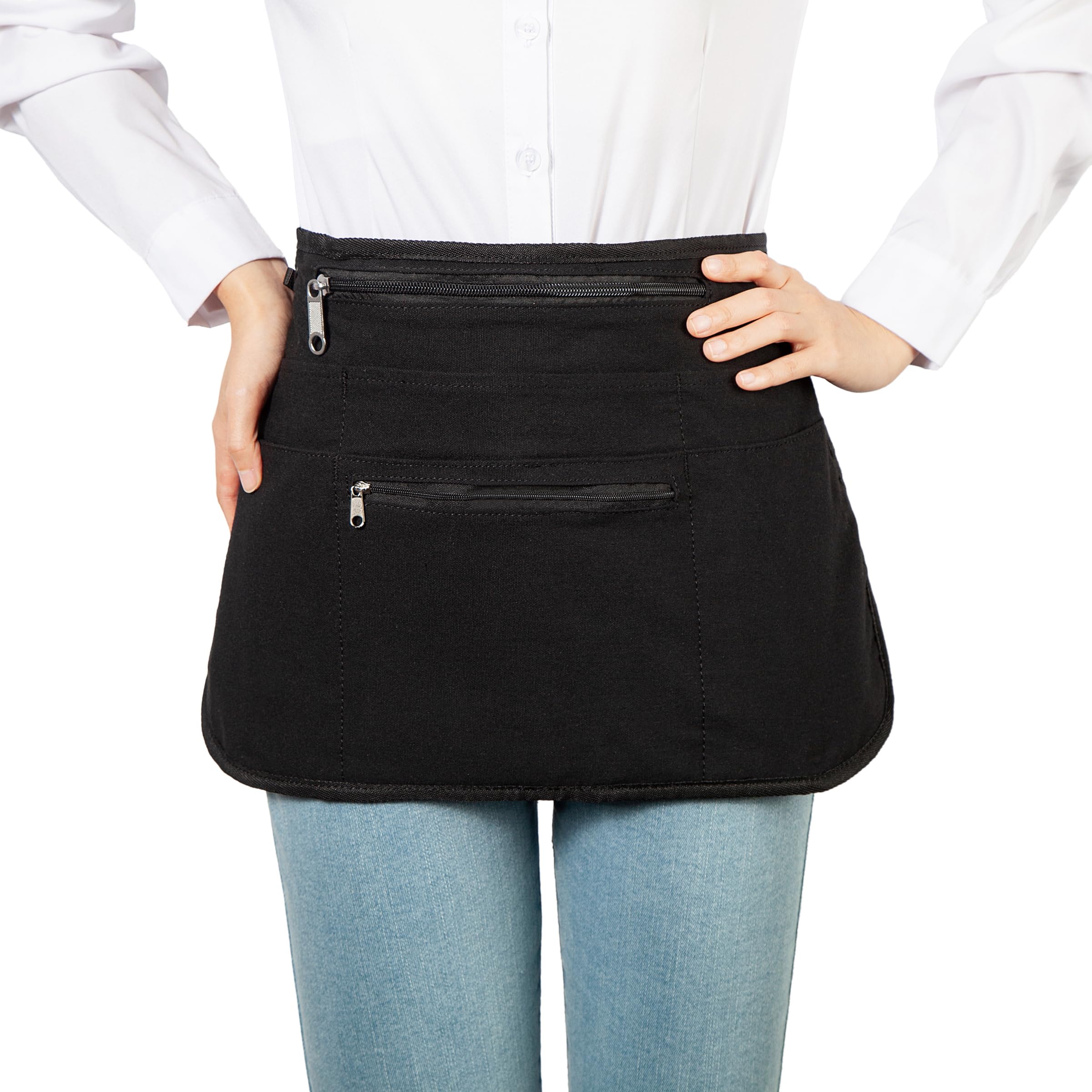 Bafelia apron size scale on model illustrating fit and coverage