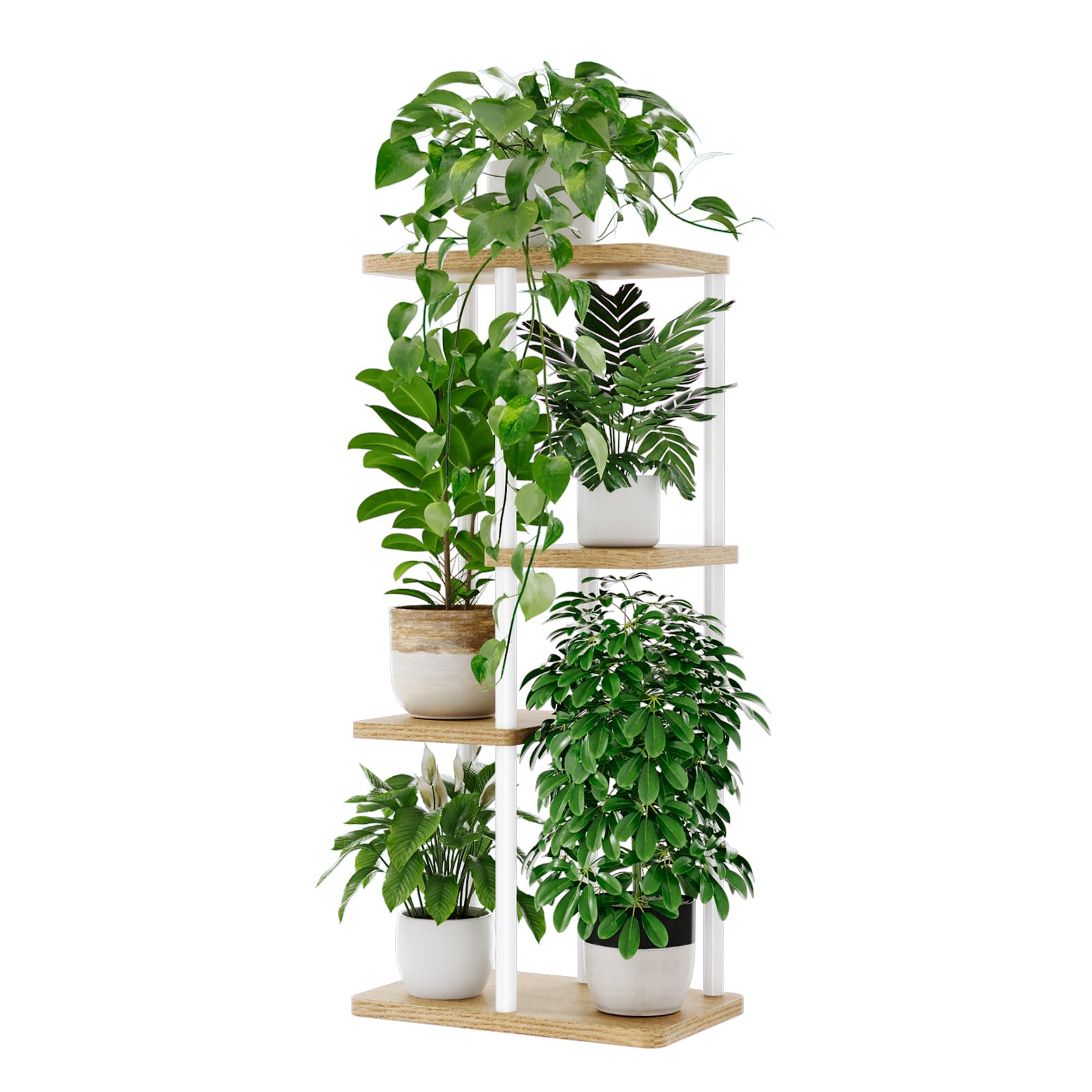 Bamworld front view of white 4-tier corner plant stand showing clean lines and organization benefit