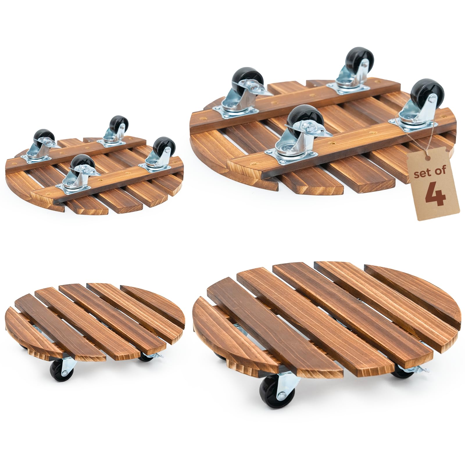 Bamworld front view of 12-inch plant caddy showing stable wooden base and wheel benefit