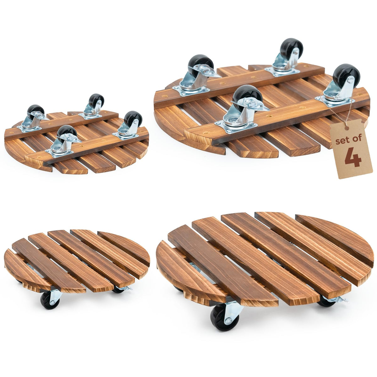 Bamworld front view of 12-inch plant caddy showing stable wooden base and wheel benefit
