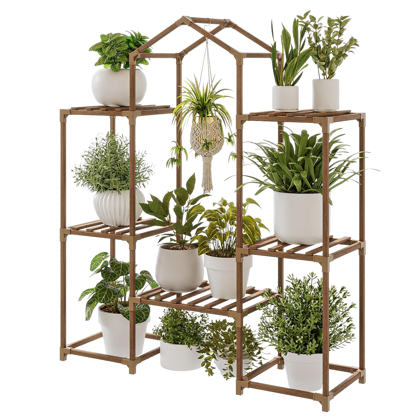 Bamworld front view of roof-shaped plant stand showing layered display benefit