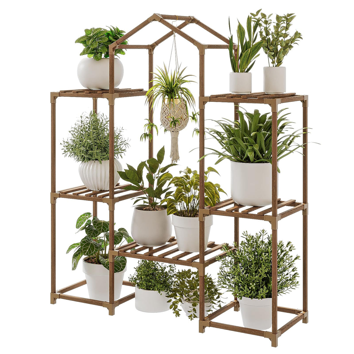 Bamworld front view of roof-shaped plant stand showing layered display benefit
