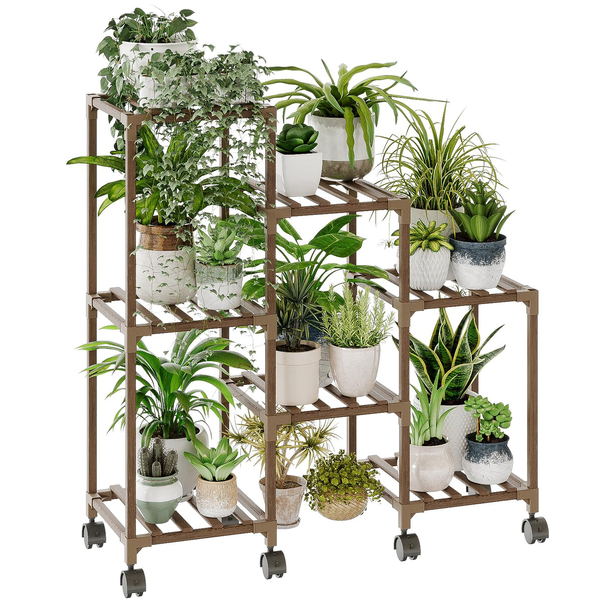Bamworld front view of three-tier plant stand showing seven pots and ladder shape benefits