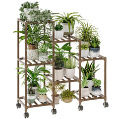 Bamworld front view of three-tier plant stand showing seven pots and ladder shape benefits