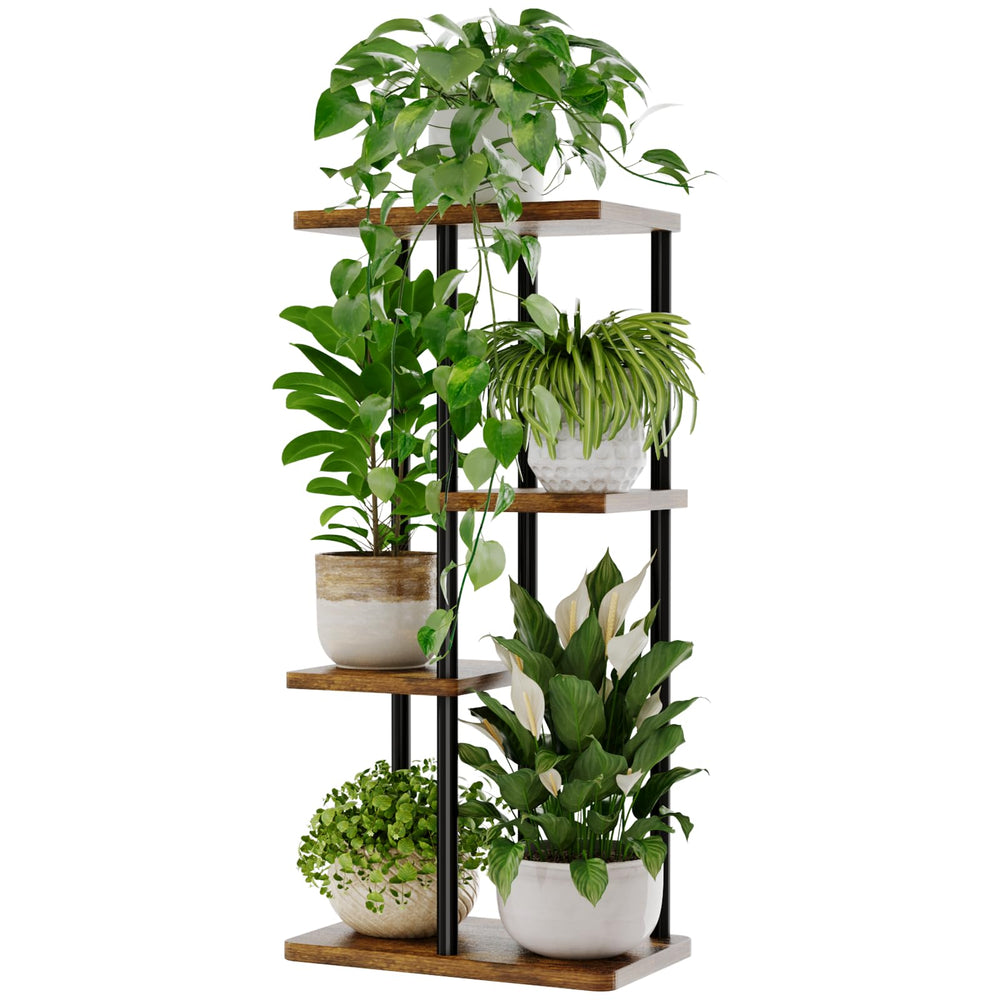 Bamworld plant stand front view showing brown metal shelves and modern look, maximizes space