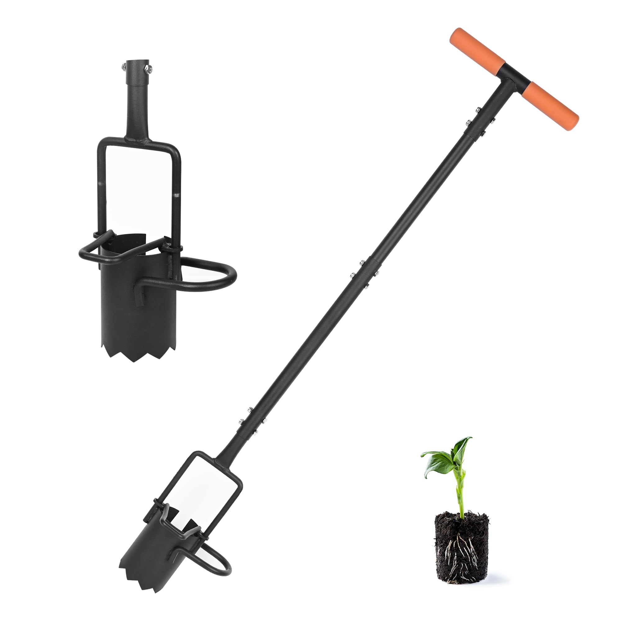 BARAYSTUS front view of long-handle bulb planter showing complete tool and benefit of upright use