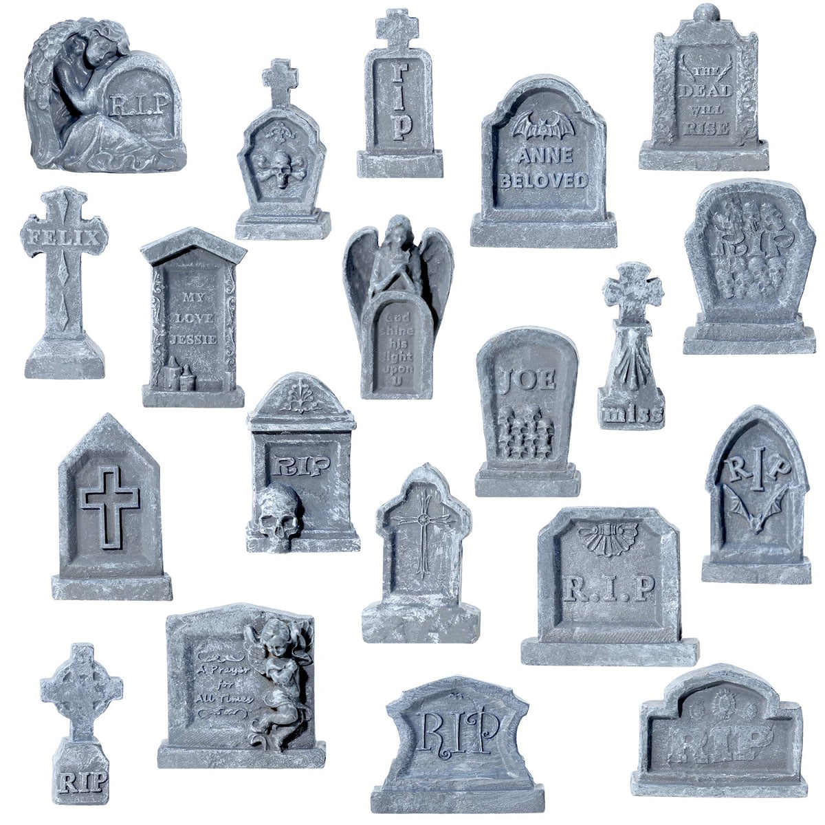 Bbiamsleep front view of 20-piece tombstone set showing full contents and benefit: quick scene setup