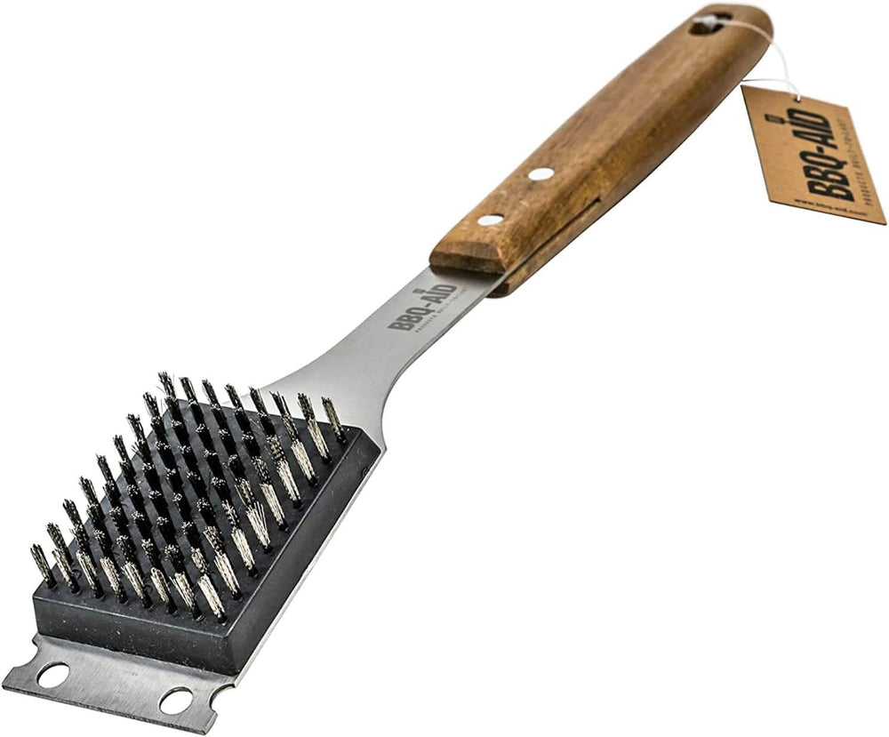 BBQ-Aid front view showing the brush and wooden handle for durable cleaning