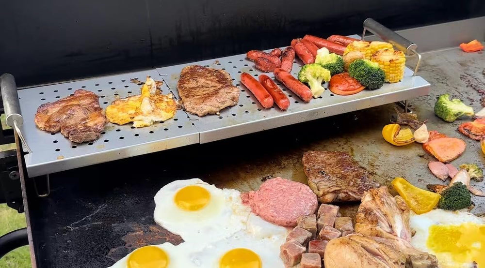 BBQ Future warming rack installed on 36-inch Blackstone keeping food warm